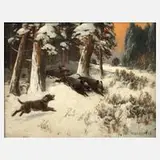 Otto Scheuerer, Flüchtende Wildschweine, Öl auf Pappe