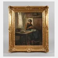 Julius Schrag, Kartoffelschälerin, Öl auf Leinwand
