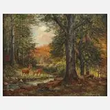 H. Schwaiger, Rehe im herbstlichen Wald, Öl auf Pressspanplatte