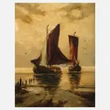 Paula Stöver, Fischerboote im Sonnenaufgang, Öl auf Leinwand