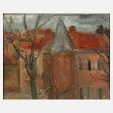 Herta Hausman, Winterliche Stadtlandschaft, Öl auf Malkarton