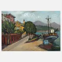Rudolf Lunghard, Südliche Promenadenszene, 1954, Öl auf Malkarton