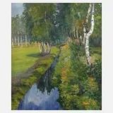 Bertha Schilling, "Wassergraben im Moor", Öl auf Sperrholzplatte
