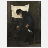 Adolf Schönnenbeck, Fischer beim Anfeuern des Ofens, Öl auf Sackleinen
