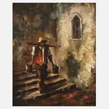 Friedrich Karl Thauer, Wasserträger auf der Treppe, Öl auf Leinwand