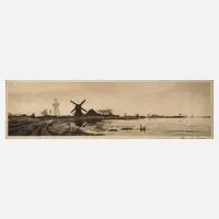 Hans am Ende, Landschaft Windmühle, Radierung in Dunkelbraun