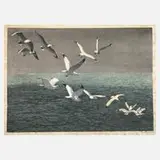 Hans Frank, Möwen auf hoher See, Farbholzschnitt auf Japanpapier