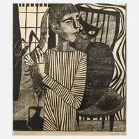 Günther Jahn, Mädchen und Katze, 1964, Holzschnitt mit ungewöhnlicher Flächenbehandlung auf Papier