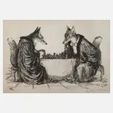 Andreas Paul Weber, "Die beiden Anwälte", Lithographie auf Tonplatte