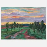 Fredo Bley, "Landschaft im Abendlicht", 1999, Öl auf Hartfaserplatte