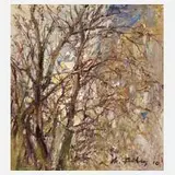 Manfred Feiler, Baum im Frühling, Öl auf Hartfaserplatte