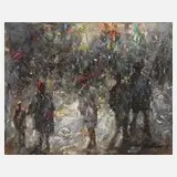 Manfred Feiler, Passanten im Regen, Öl auf Leinwand und Keilrahmen