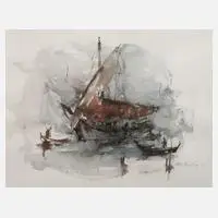 Manfred Feiler, Fischerboot vor Venedig, Aquarell auf Aquarellkarton