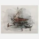 Manfred Feiler, Fischerboot vor Venedig, Aquarell auf Aquarellkarton
