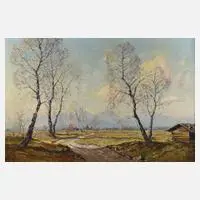 Adolf Schuhknecht, Frühlingshafte Voralpenlandschaft, Öl auf Leinwand und Hartfaserplatte