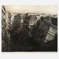 Gerald Müller-Simon, Gefallenes Haus, Kaltnadelradierung in Schwarz auf dezentem olivgrünen Grund