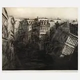 Gerald Müller-Simon, Gefallenes Haus, Kaltnadelradierung in Schwarz auf dezentem olivgrünen Grund