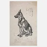 Wilhelm Rudolph, Sitzender Schäferhund, Holzschnitt in Grau auf kräftigerem Japanpapier