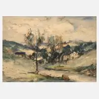 Schwimmer Max, Dorf am Fluss, Aquarell