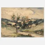 Schwimmer Max, Dorf am Fluss, Aquarell