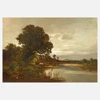 Fritz Halberg-Krauss, Uferlandschaft mit Kühen, Öl auf Malkarton