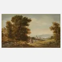 Willi Kant, Seenlandschaft mit Figuren, Öl auf Holz