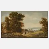 Willi Kant, Seenlandschaft mit Figuren, Öl auf Holz