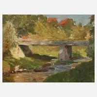 Louis Lejeune, Brücke am Bach, Öl auf Leinwand und Hartfaserplatte