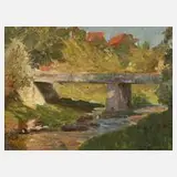 Louis Lejeune, Brücke am Bach, Öl auf Leinwand und Hartfaserplatte
