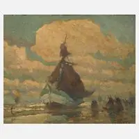 Rudolf Otto, Fischerboot im Watt, Öl auf Malkarton