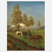 Wilhelm Süss, Weidende Pferde im Vorfrühling, Öl auf Malplatte