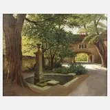 Paul Tübbecke, Der Theaterbrunnen in Weimar, 1918, Öl auf Leinwand und auf Pappe kaschiert