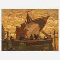 Ludwig Dill, Fischerboote am Abend, Öl auf Malkarton