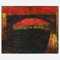 Expressionist, Brücke über den Kanal, Öl auf dünnem Malkarton