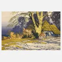 Oscar Droege, Landschaft mit Bauernkate, Farbholzschnitt