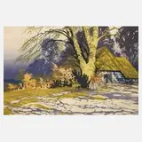 Oscar Droege, Landschaft mit Bauernkate, Farbholzschnitt