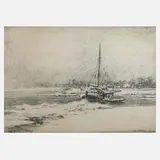 Fritz Köhler, Winter am Niederrhein, Kreidelithographie