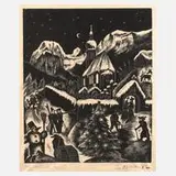 Fritz Richter, "Winter" in Ramsau, Holzschnitt auf dünnem Papier