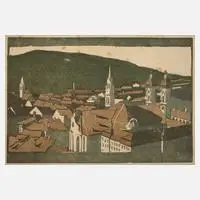 Martha Cunz, "Blick auf Sankt Gallen“, Farbholzschnitt