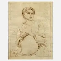 Jules Breton, Junge Frau mit Krug, 1881, Federzeichnung in Braun auf Pergamentpapier