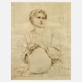 Jules Breton, Junge Frau mit Krug, 1881, Federzeichnung in Braun auf Pergamentpapier