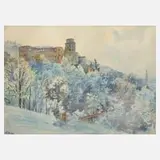 Fritz Neuenhahn, Heidelberger Schloss im Frühling, Aquarell auf Papier
