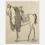 Charles Saxon, Der Rennsieger, Bleistiftzeichnung mit geringer Gelbhöhung auf Papier