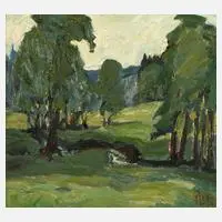 Fredo Bley, Bachlauf im Sommer, Öl auf Sperrholztafel