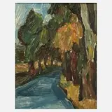 Fredo Bley, Landstraße mit Bäumen, 1980, Öl auf Hartfaserplatte