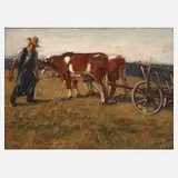 Hermann Pampel, Bauer mit Ochsengespann, Öl auf Leinen auf Holz kaschiert