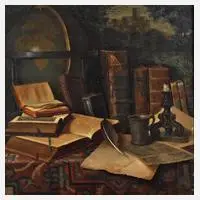 Ludwig Valenta, Bücherstillleben mit Globus, Feder
