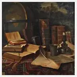 Ludwig Valenta, Bücherstillleben mit Globus, Feder