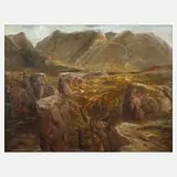 Charles Jones, Glen Etive in den schottischen Highlands, Ölmalerei auf Malkarton mit dominanten Erd- und Grüntönen