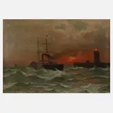 Ernst Penning, Dampfschiff an der Mole, 1888, Öl auf Leinwand
